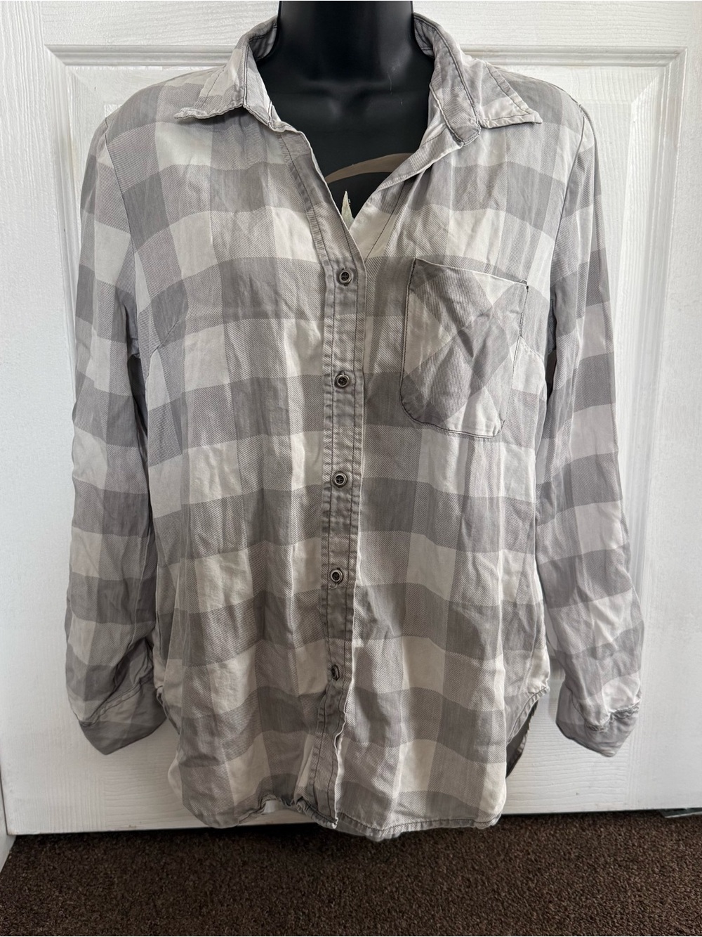 Light Gray and White Plaid Button-Up Shirt